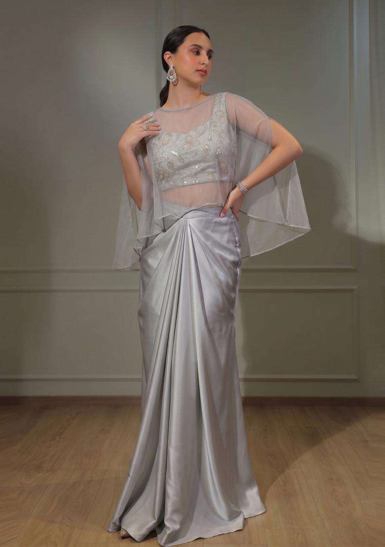 Silver Embroidered Tissue Fusion Set - Indya