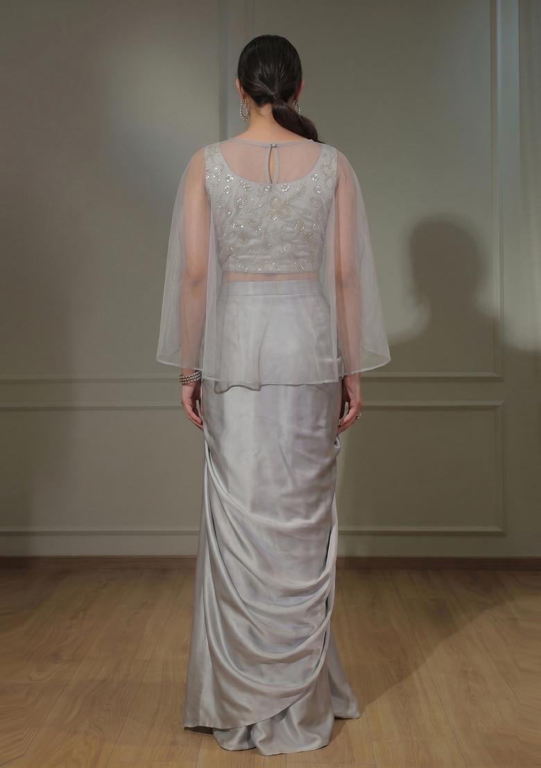 Silver Embroidered Tissue Fusion Set - Indya