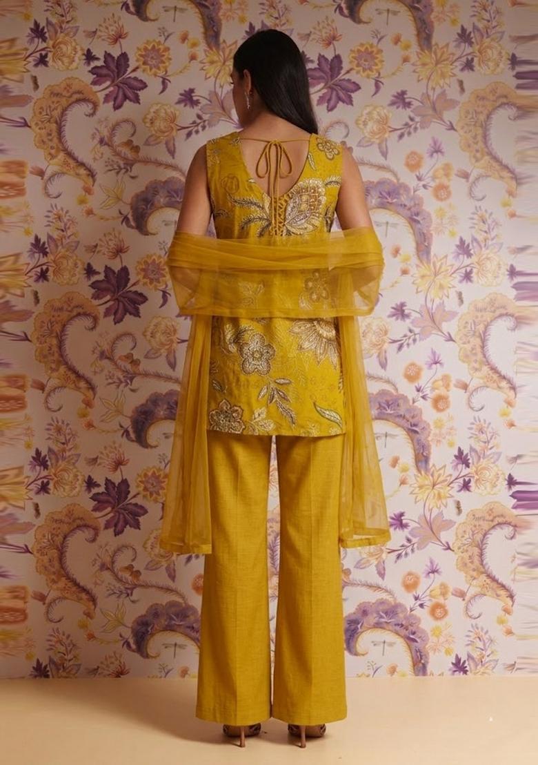 Dark Mustard Embroidered Organza Kurta Set - Indya