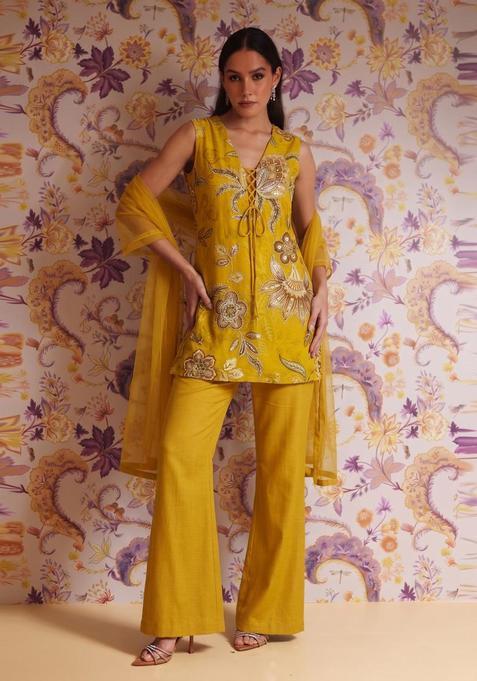 Dark Mustard Embroidered Organza Kurta Set
