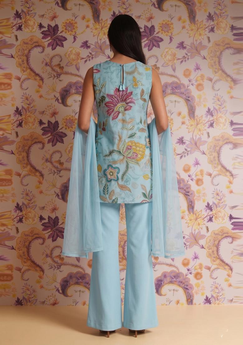 Light Blue Embroidered Organza Kurta Set - Indya