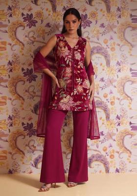 Wine Embroidered Organza Kurta Set