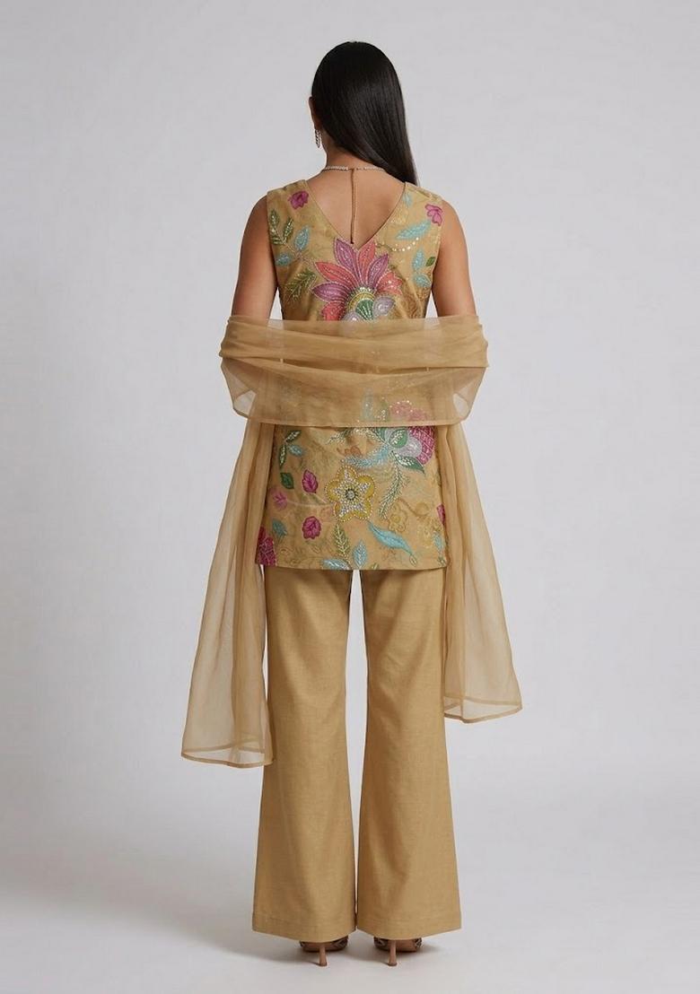 Beige Embroidered Organza Kurta Set - Indya