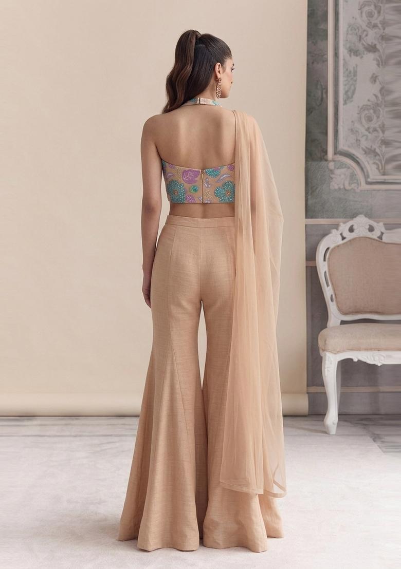 Beige Embroidered Organza Fusion Set - Indya