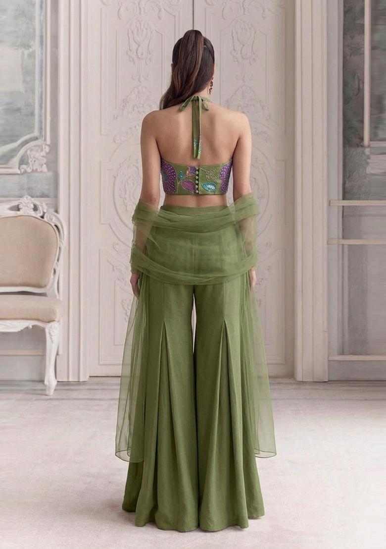 Olive Green Embroidered Organza Fusion Set - Indya
