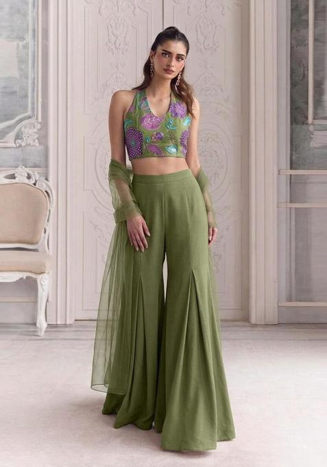 Olive Green Embroidered Organza Fusion Set