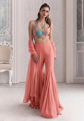 Peach Embroidered Organza Sharara Set