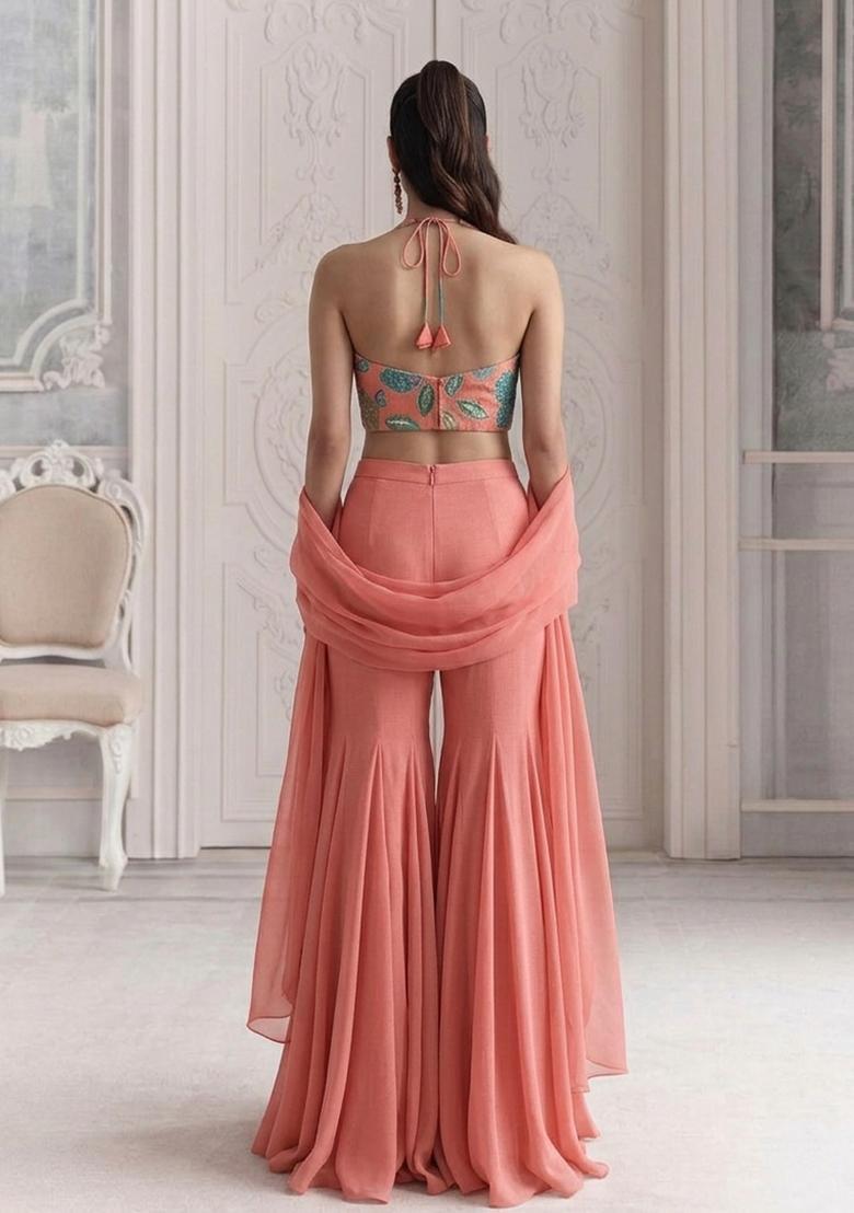 Peach Embroidered Organza Sharara Set - Indya