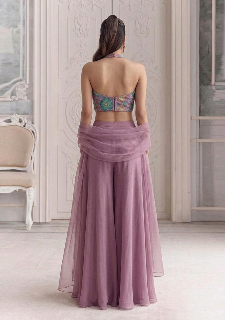 Lavender Embroidered Organza Fusion Set - Indya