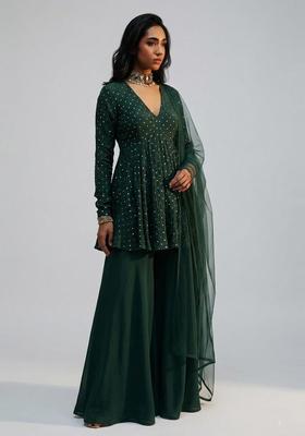 Dark Green Embellished Silk Blend Sharara Set