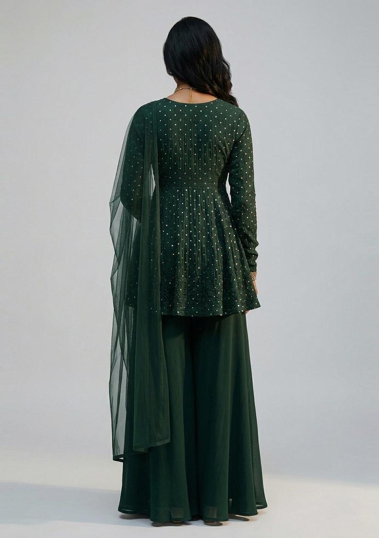 Dark Green Embellished Silk Blend Sharara Set - Indya