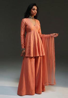 Peach Mirror Silk Blend Sharara Set