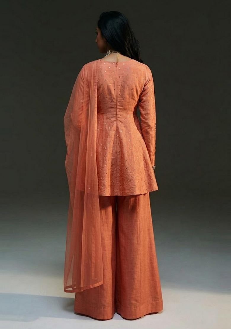 Peach Mirror Silk Blend Sharara Set - Indya