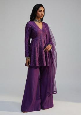 Dark Plum Embellished Silk Blend Sharara Set