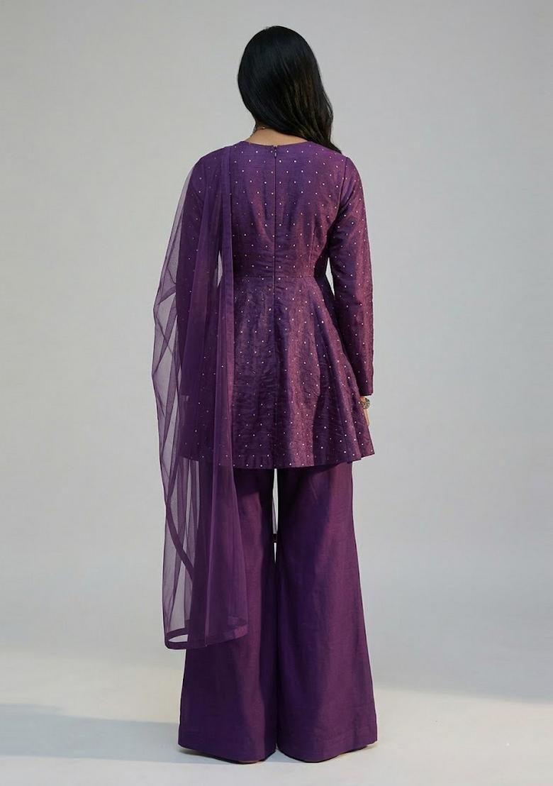 Dark Plum Embellished Silk Blend Sharara Set - Indya