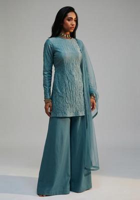 Teal Blue Embellished Silk Blend Sharara Set