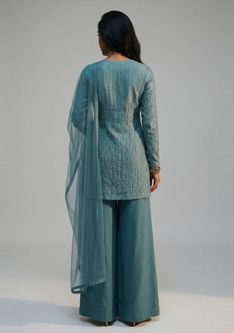 Teal Blue Embellished Silk Blend Sharara Set - Indya