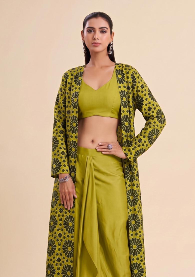 Olive Green Printed Satin Fusion Set - Indya