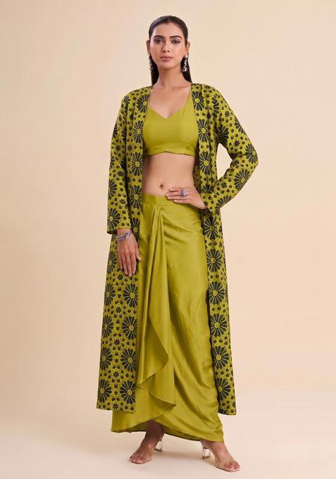 Olive Green Printed Satin Fusion Set