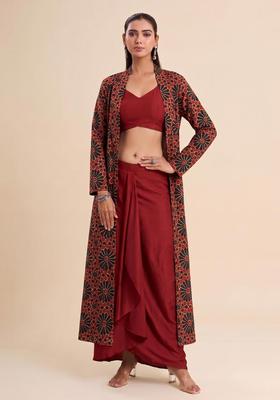Red Printed Satin Fusion Set