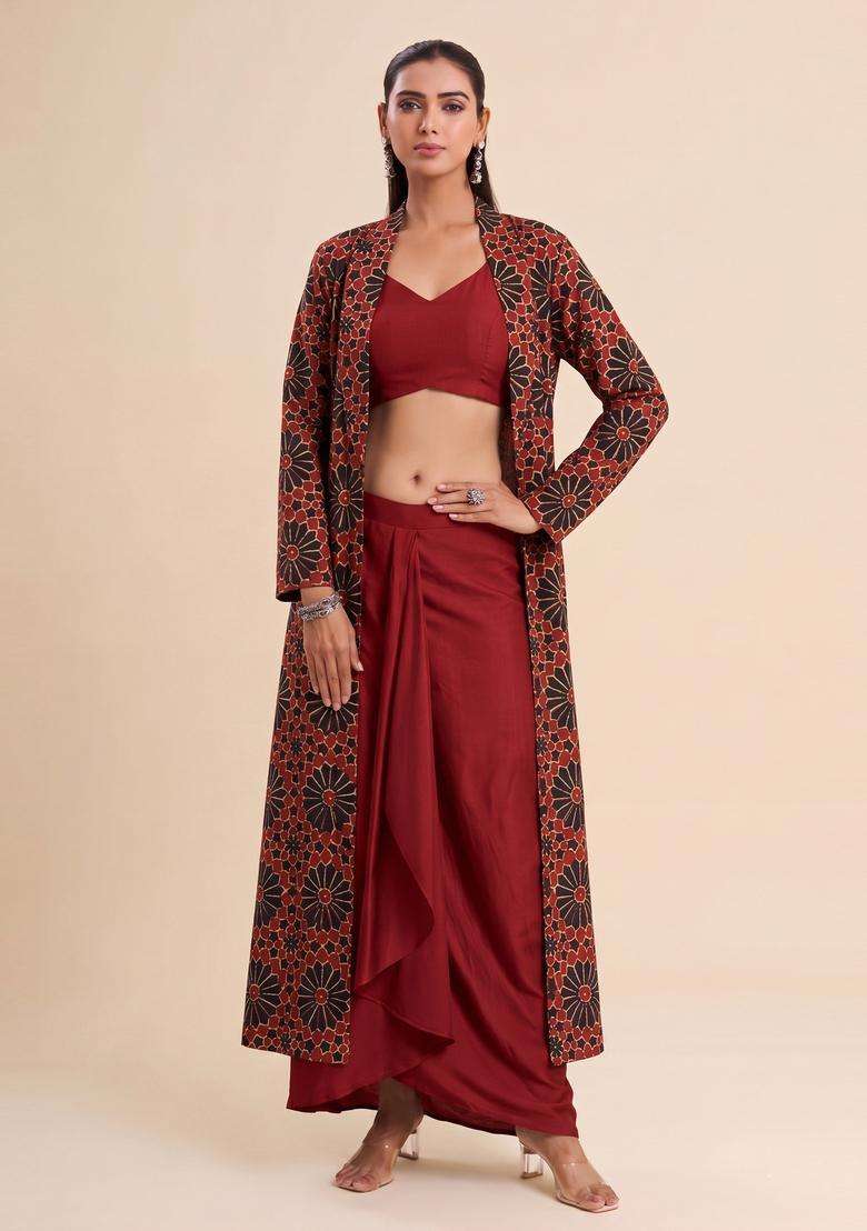 Red Printed Satin Fusion Set - Indya