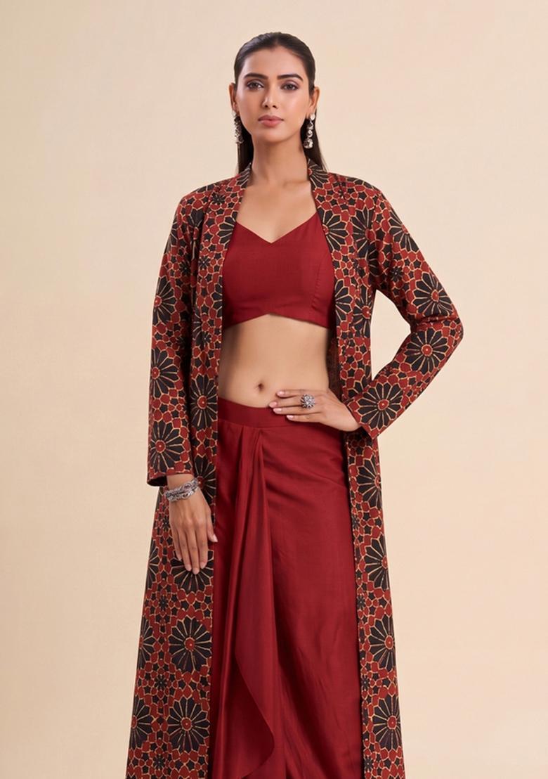 Red Printed Satin Fusion Set - Indya