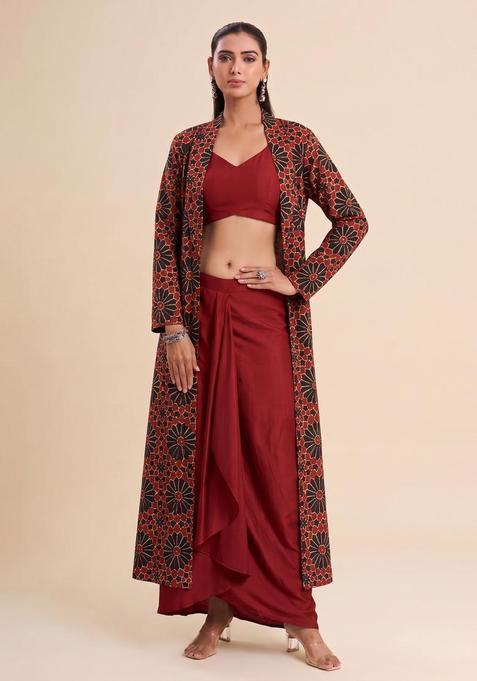 Red Printed Satin Fusion Set