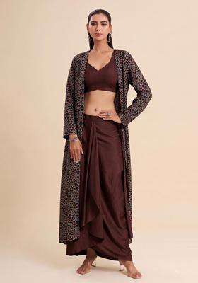 Dark Brown Printed Satin Fusion Set