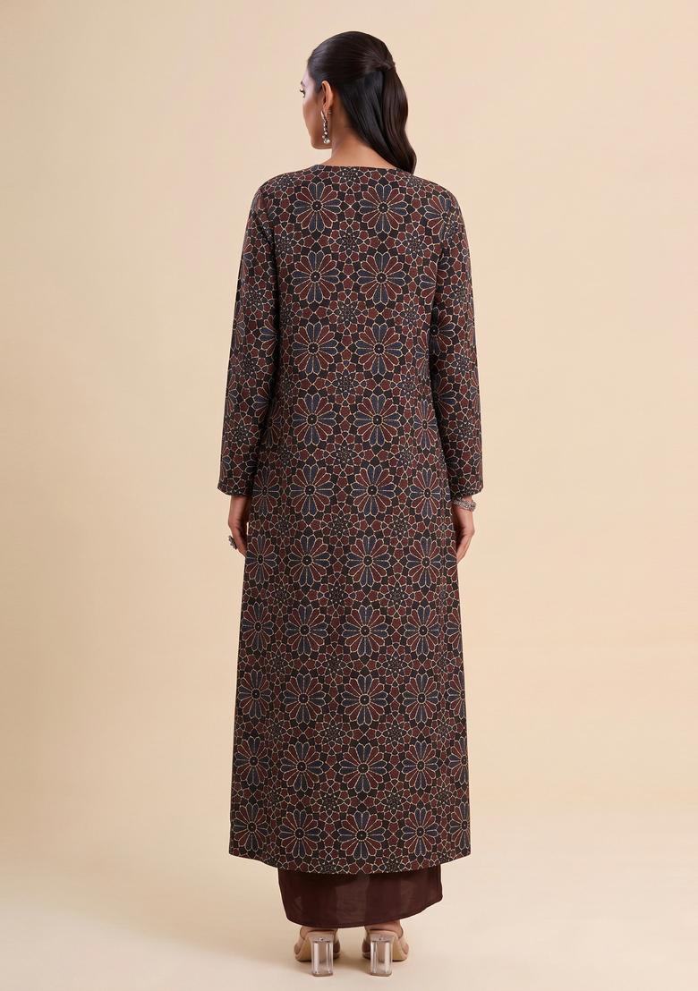 Dark Brown Printed Satin Fusion Set - Indya