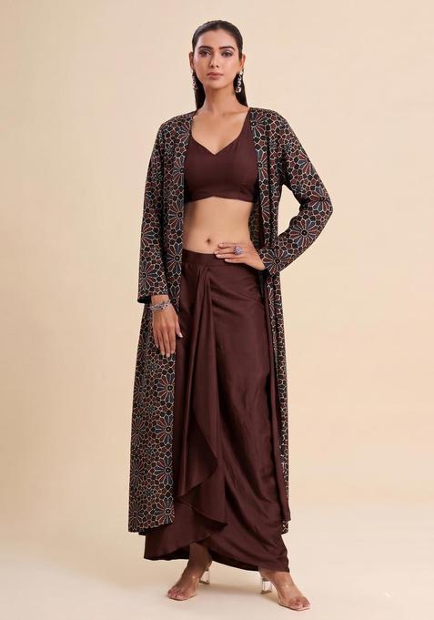 Dark Brown Printed Satin Fusion Set