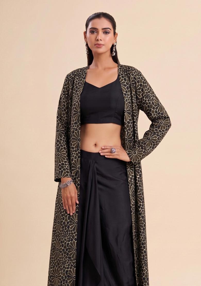 Black Printed Satin Fusion Set - Indya