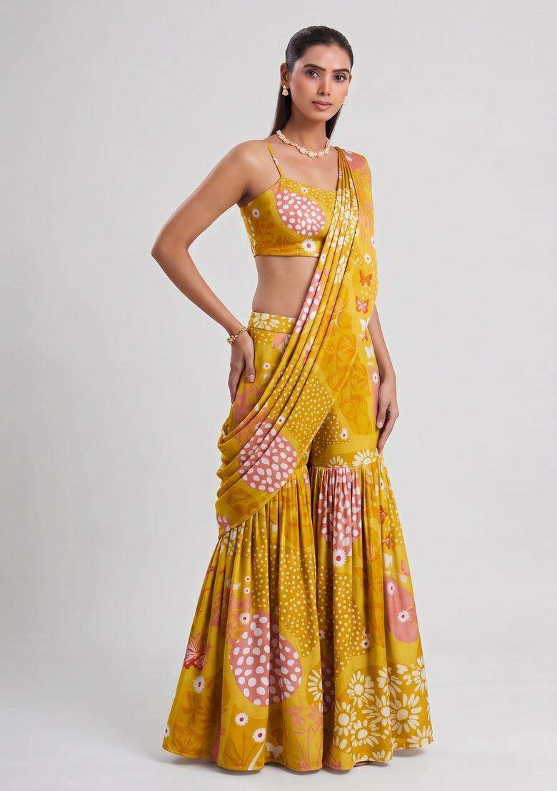 Mustard Printed Satin Fusion Set - Indya