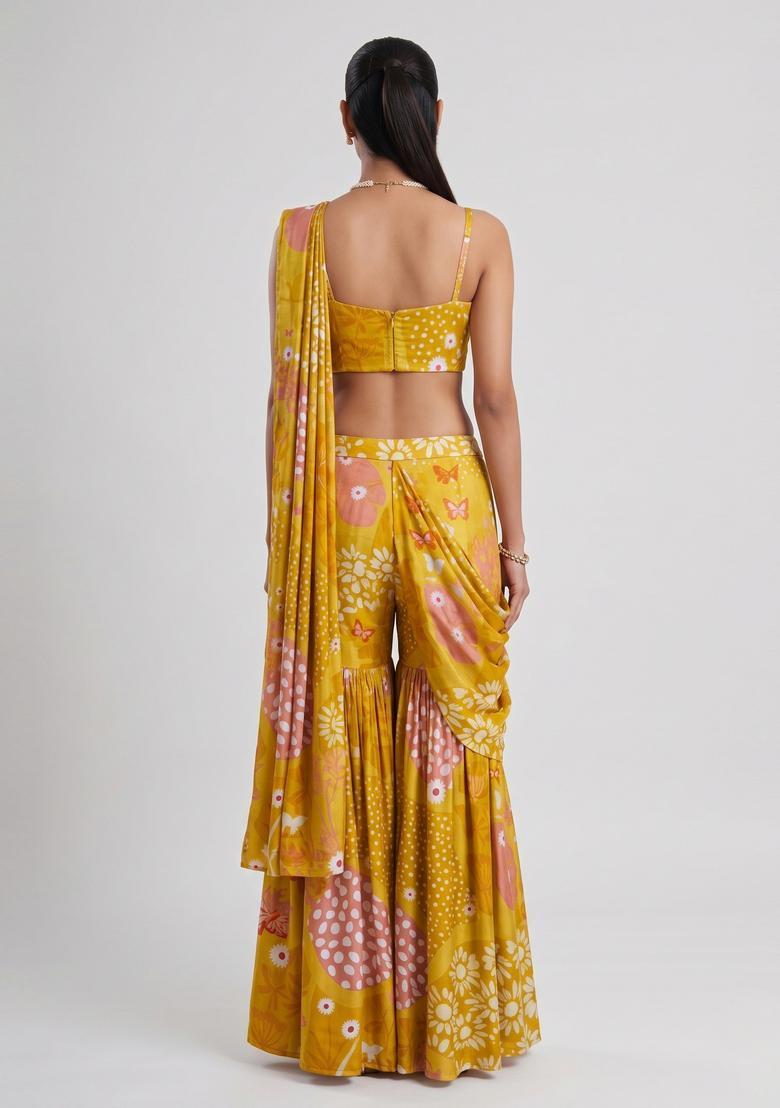Mustard Printed Satin Fusion Set - Indya
