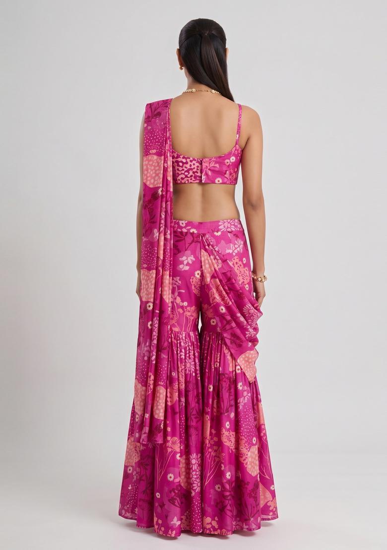 Magenta Printed Satin Fusion Set - Indya