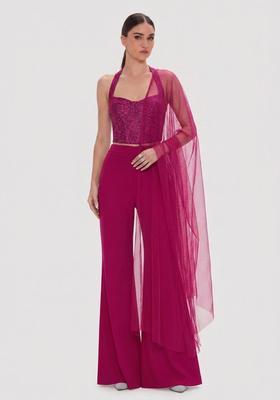 Magenta Sequin Georgette Fusion Set