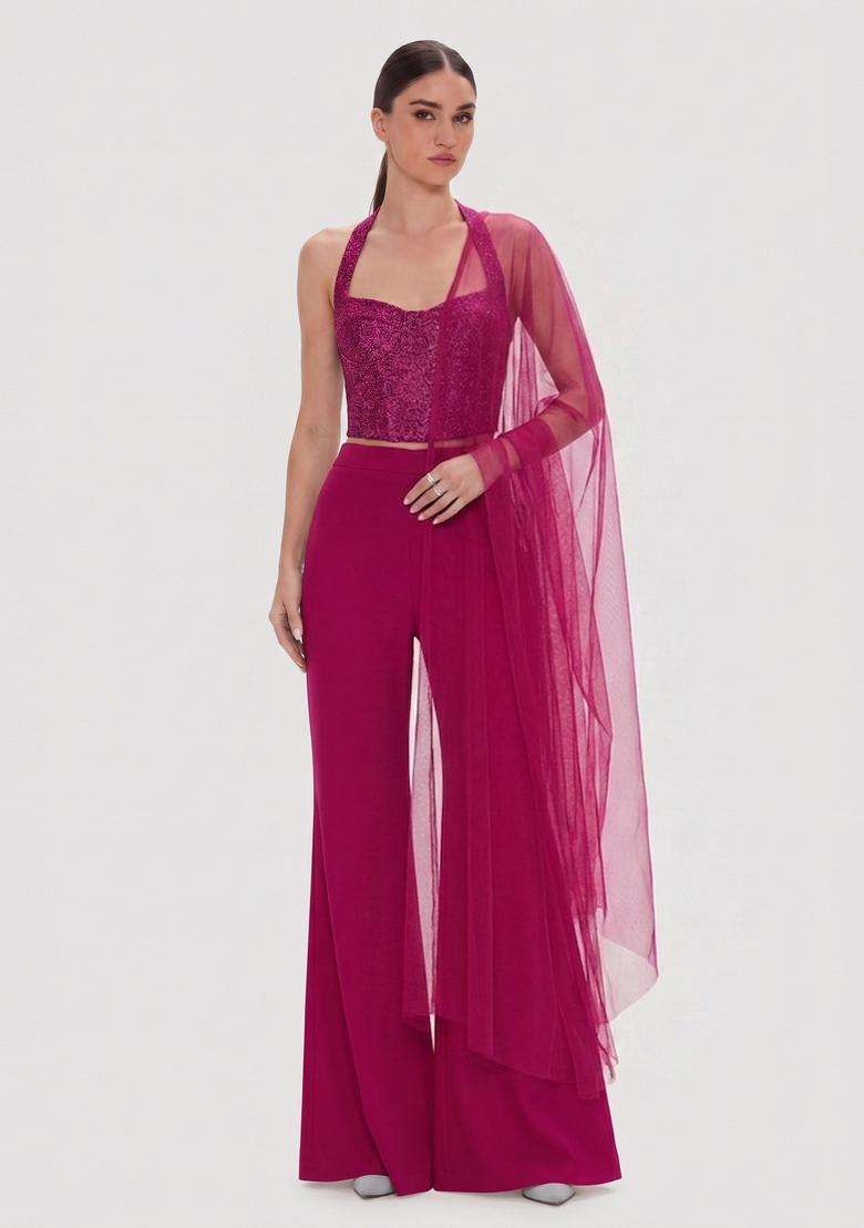 Magenta Sequin Georgette Fusion Set - Indya