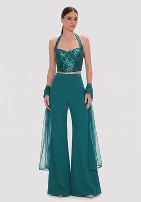 Dark Teal Sequin Georgette Fusion Set