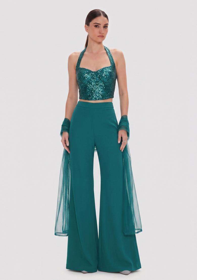 Dark Teal Sequin Georgette Fusion Set - Indya