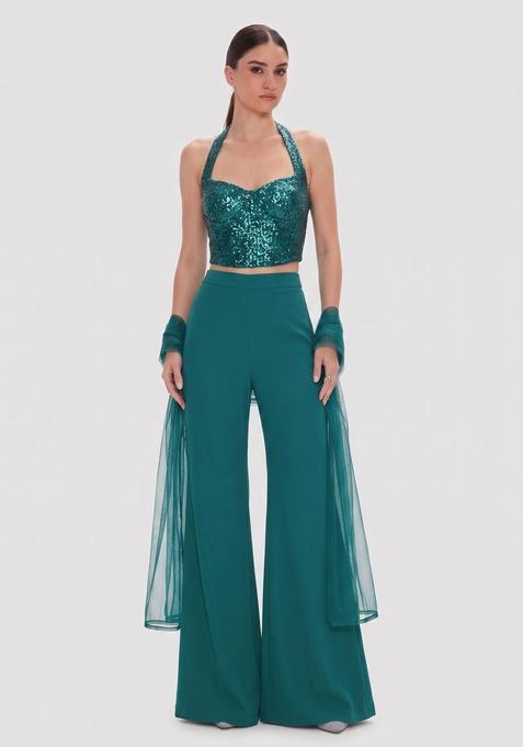 Dark Teal Sequin Georgette Fusion Set