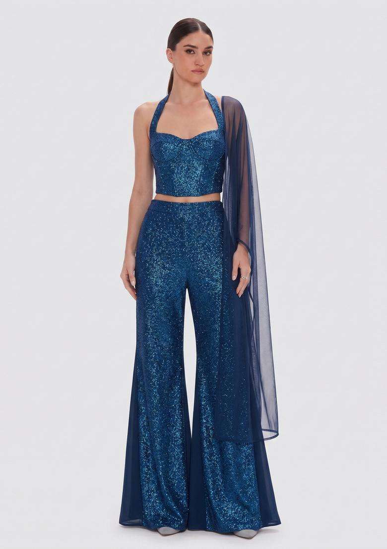 Teal Blue Sequin Georgette Fusion Set - Indya