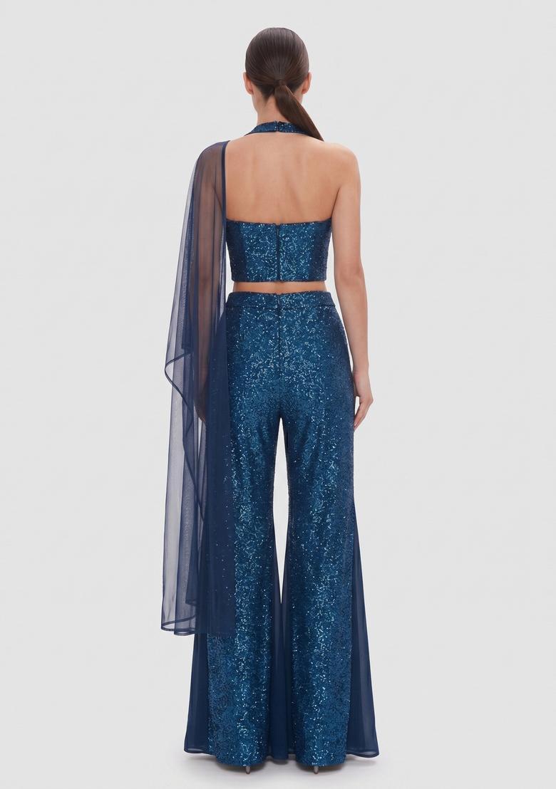 Teal Blue Sequin Georgette Fusion Set - Indya