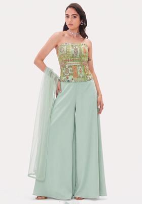 Mint Green Mirror Chinon Lehenga Set