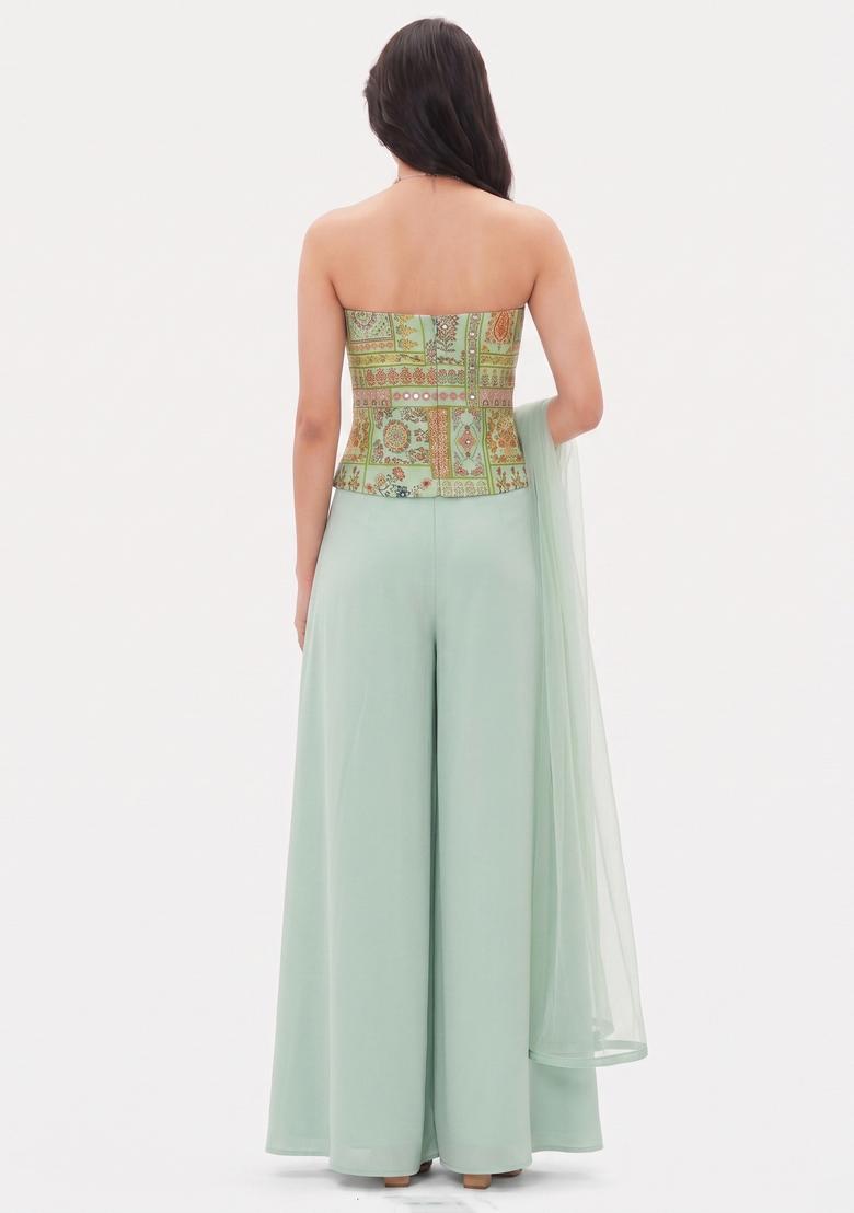Mint Green Mirror Chinon Lehenga Set - Indya