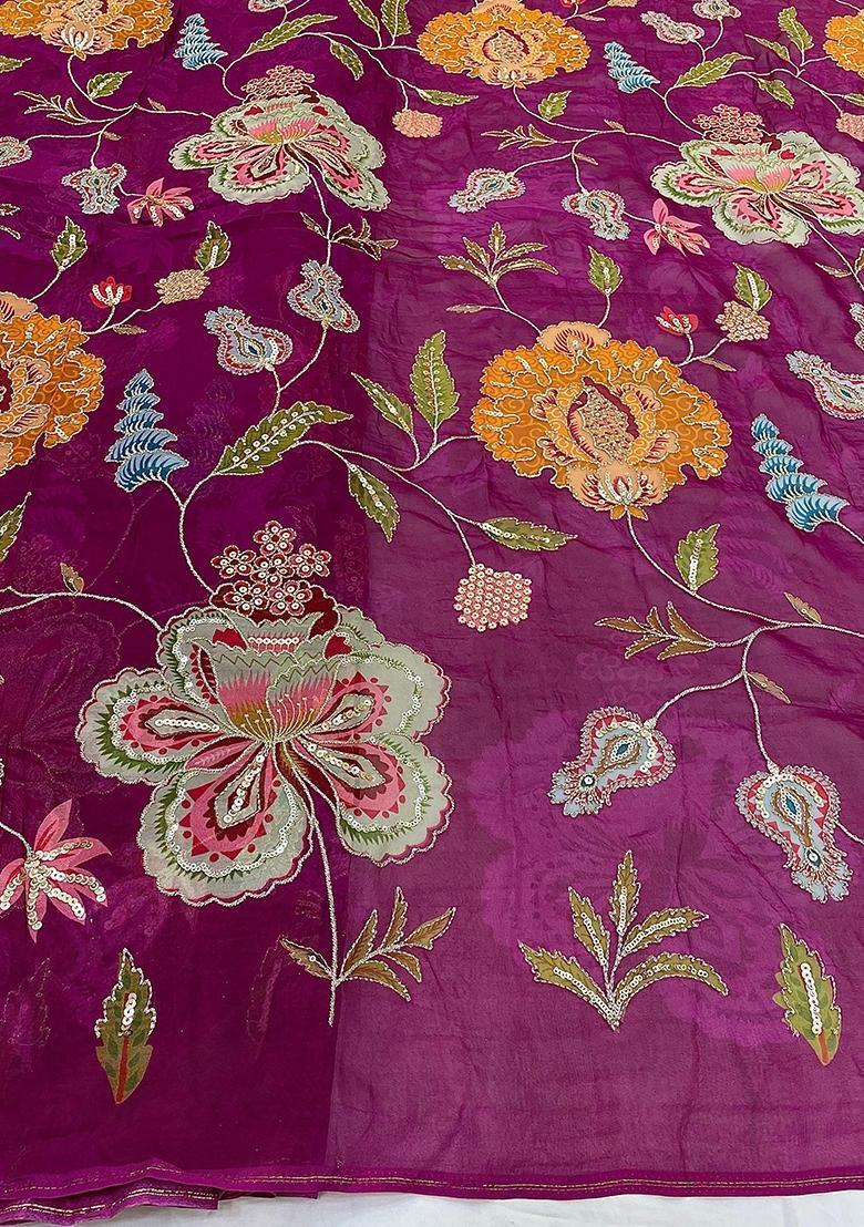 Magenta Printed Organza Pre Draped Saree Set - Indya
