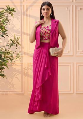 Magenta Embroidered Silk Blend Fusion Set