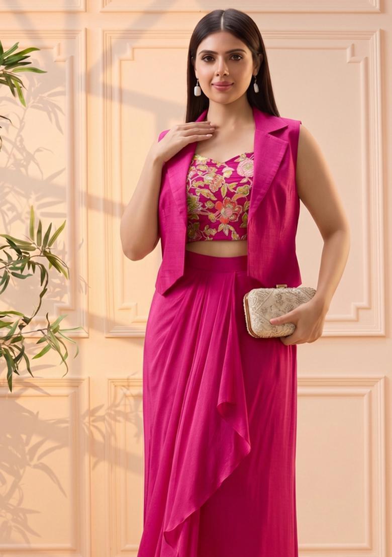 Magenta Embroidered Silk Blend Fusion Set - Indya