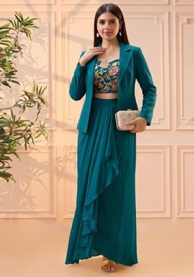 Dark Teal Embroidered Silk Blend Fusion Set