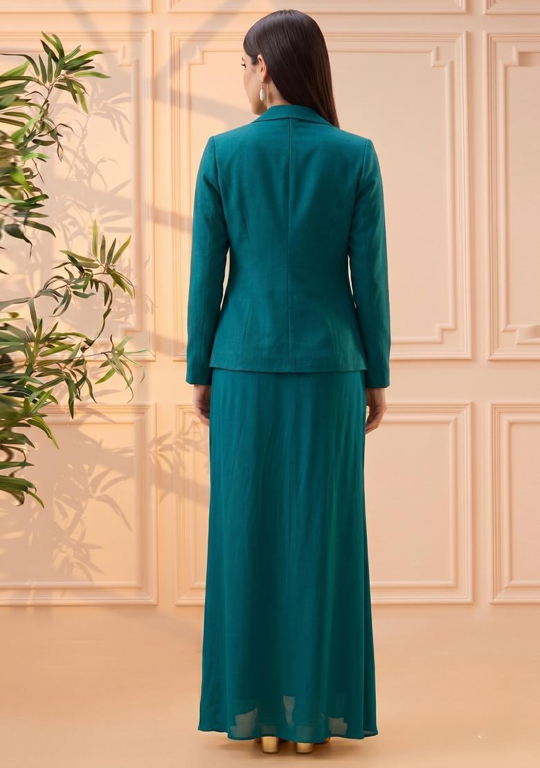 Dark Teal Embroidered Silk Blend Fusion Set - Indya