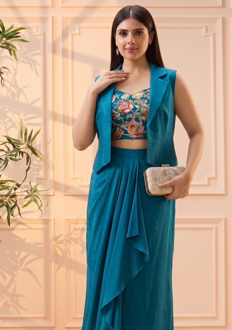 Teal Blue Embroidered Silk Blend Fusion Set - Indya