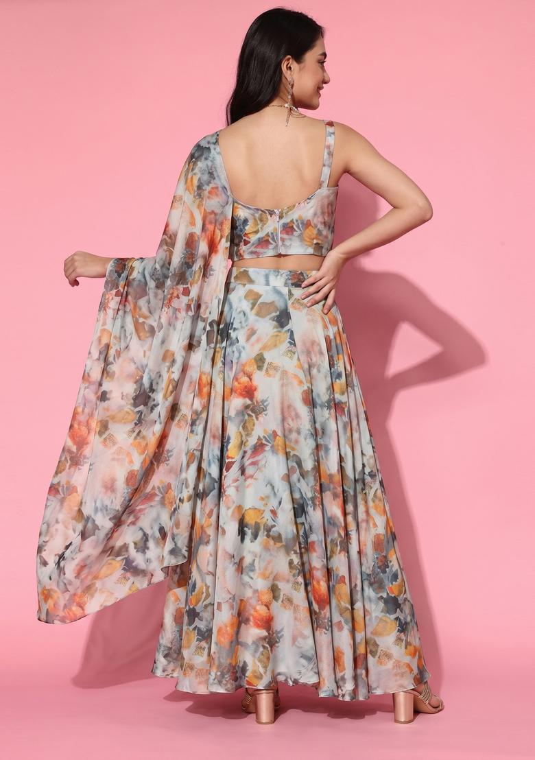 Off White Printed Organza Pre Draped Saree Set - Indya